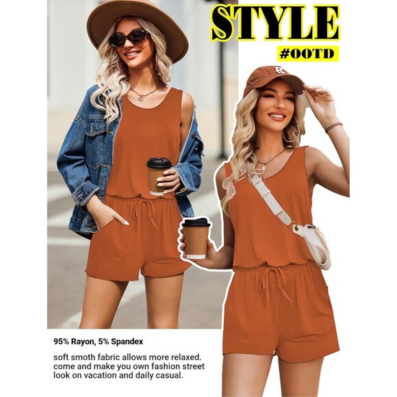 🆕 Women Orange Summer Solid Jumpsuit Loose Sleeveless Short Soft Romper Pocket - Picture 6 of 6